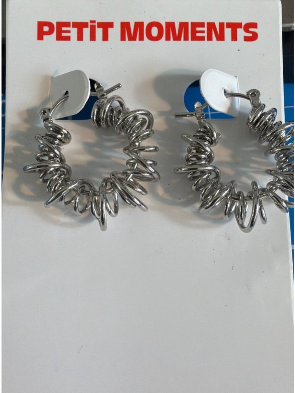 Petit Moments Riele Silver Tone Hoop Earrings Coil Spiral Spring 1.25" New Card